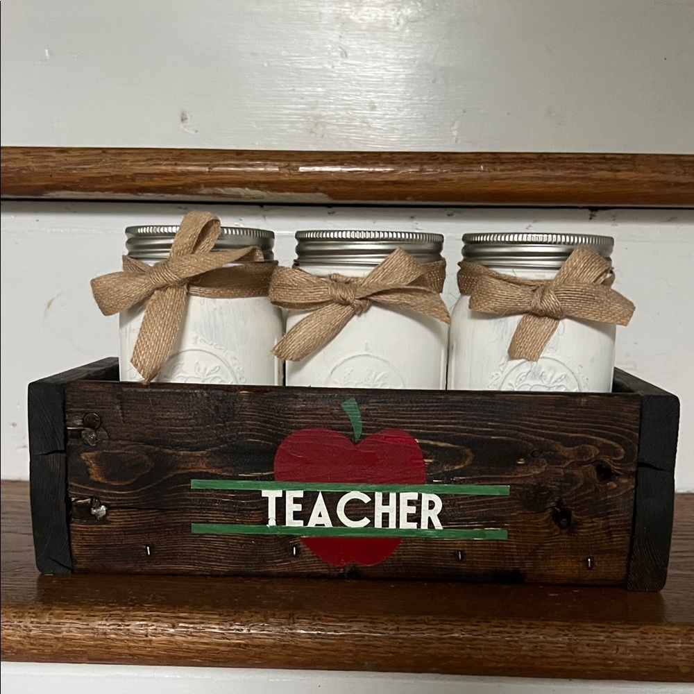Rustic Wooden Teacher Crate with White Mason Jars
